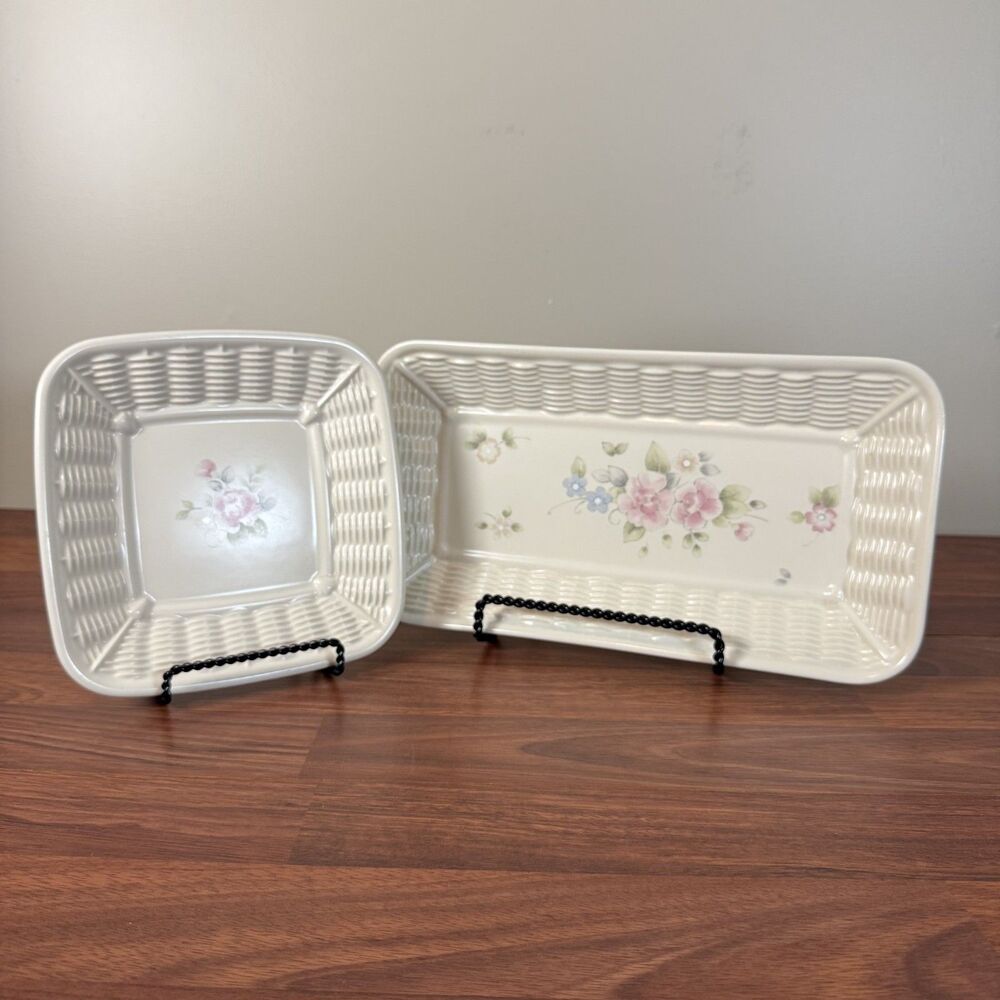Lot of 2 Pfaltzgraff Tea Rose Basket Weave Bread Tray Plate & Platter